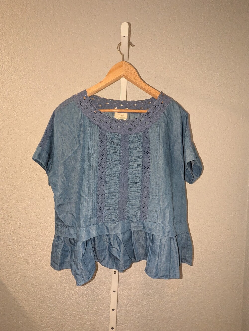 Kate Spade Blue Chambray Lace Trim Peplum Blouse Size 12